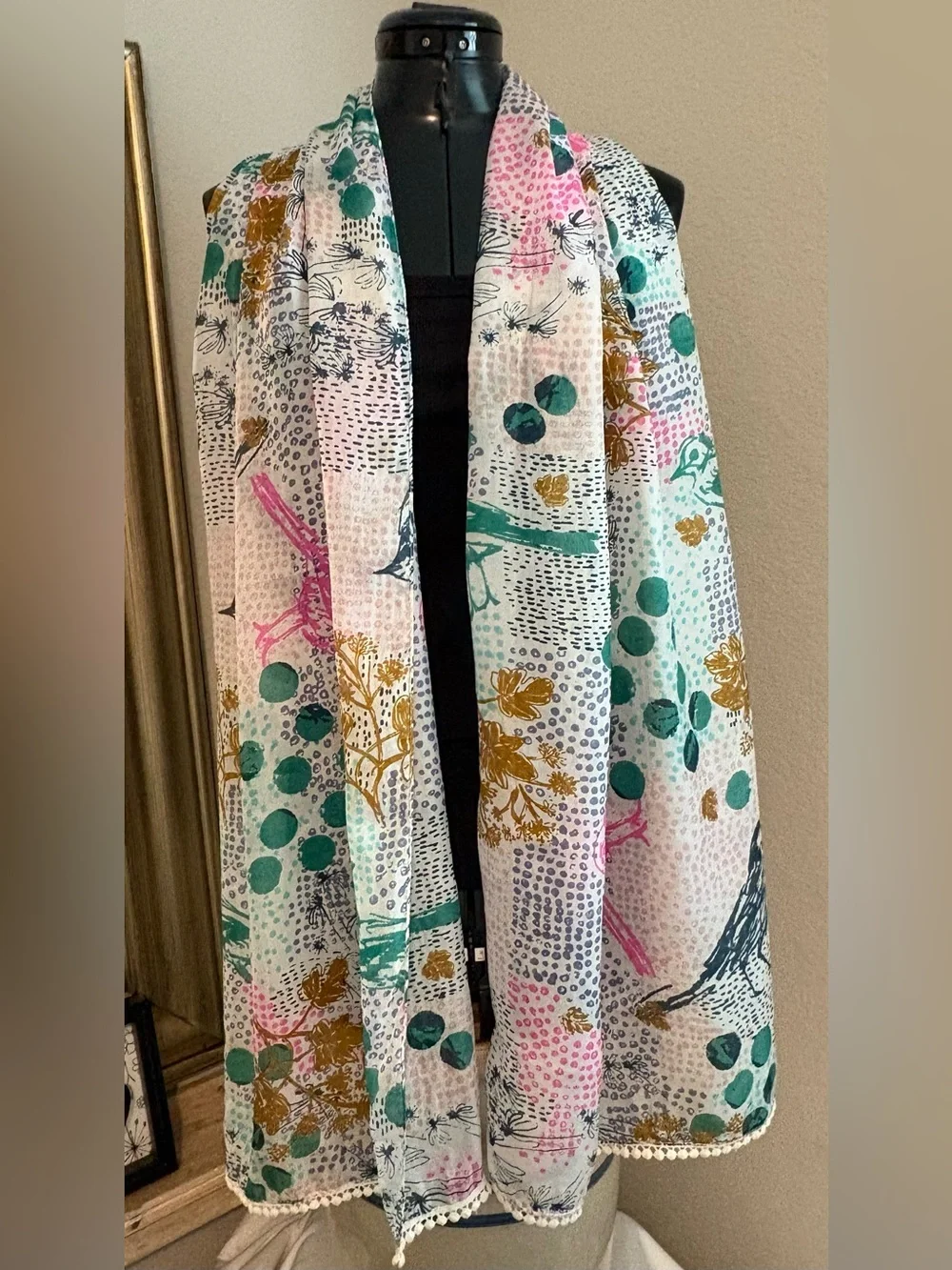 White Stuff 100% Silk Long Scarf Floral Abstract Print Tassel Trim 74x20.